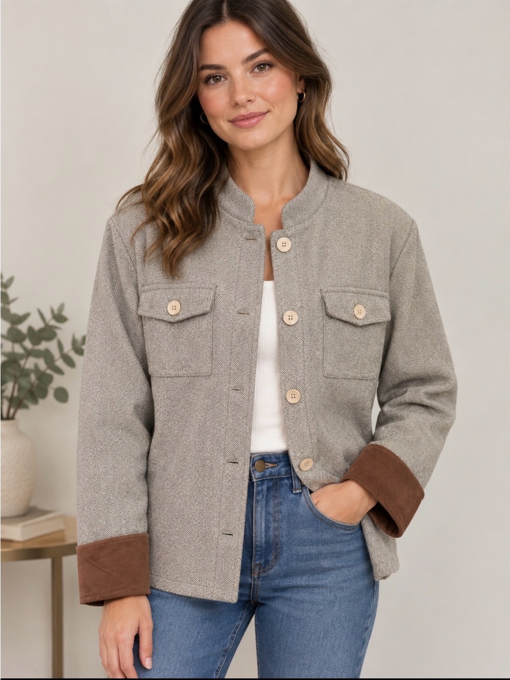 NWT Utility Military Herringbone Button-Up Jacket with Contrast Cuffs Sz Large
